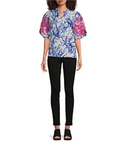 Calessa Embroidered Printed Ruffled Split V-Neck Elbow Length Balloon Sleeve Blouse