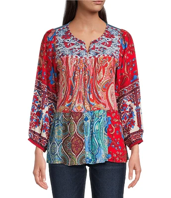 Calessa Embroidered Printed Split V-Neck 3/4 Sleeve Tunic