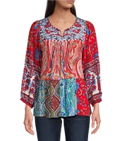 Calessa Embroidered Printed Split V-Neck 3/4 Sleeve Tunic