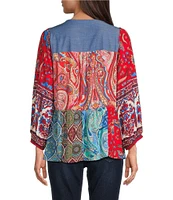 Calessa Embroidered Printed Split V-Neck 3/4 Sleeve Tunic