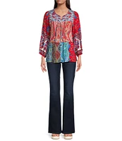 Calessa Embroidered Printed Split V-Neck 3/4 Sleeve Tunic