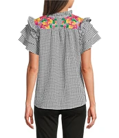 Calessa Embroidered Printed Split V-Neck Short Sleeve Ruffle Tunic