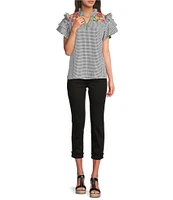Calessa Embroidered Printed Split V-Neck Short Sleeve Ruffle Tunic