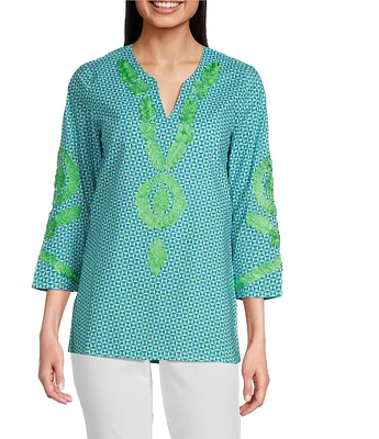 Calessa Embroidered Retro Printed Split V-Neck 3/4 Sleeve Tunic