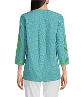 Calessa Embroidered Retro Printed Split V-Neck 3/4 Sleeve Tunic