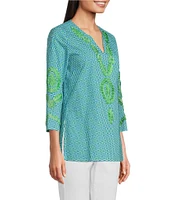 Calessa Embroidered Retro Printed Split V-Neck 3/4 Sleeve Tunic