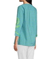 Calessa Embroidered Retro Printed Split V-Neck 3/4 Sleeve Tunic