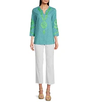 Calessa Embroidered Retro Printed Split V-Neck 3/4 Sleeve Tunic