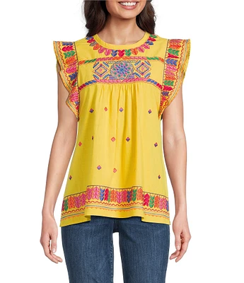 Calessa Embroidered Round Neck Ruffle Cap Sleeve Tunic