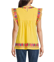 Calessa Embroidered Round Neck Ruffle Cap Sleeve Tunic