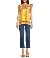 Calessa Embroidered Round Neck Ruffle Cap Sleeve Tunic