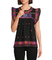 Calessa Embroidered Round Neck Ruffled Cap Sleeve Tunic