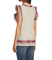 Calessa Embroidered Round Neck Ruffled Cap Sleeve Tunic