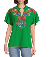 Calessa Embroidered Ruffle Double Layer Short Sleeve Top