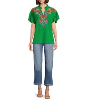 Calessa Embroidered Ruffle Double Layer Short Sleeve Top