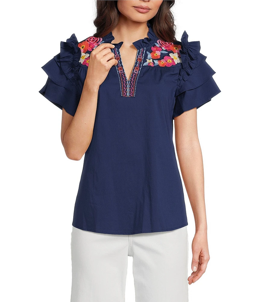 Calessa Embroidered Ruffle Double Layer Cap Sleeve Top