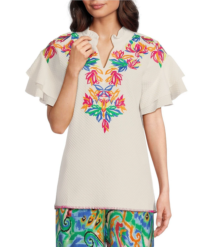 Calessa Embroidered Ruffle Double Layer Short Sleeve Top
