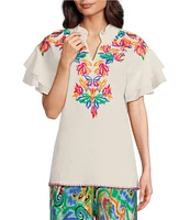 Calessa Embroidered Ruffle Double Layer Short Sleeve Top