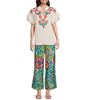 Calessa Embroidered Ruffle Double Layer Short Sleeve Top