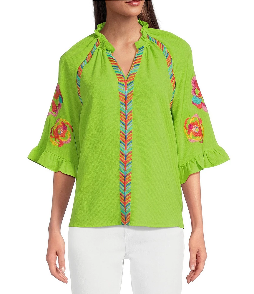 Calessa Embroidered Ruffle Split V-Neck 3/4 Sleeve Tunic