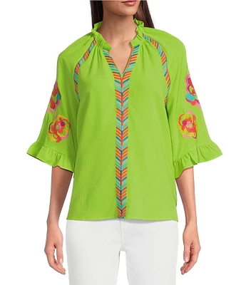 Calessa Embroidered Ruffle Split V-Neck 3/4 Sleeve Tunic