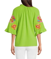 Calessa Embroidered Ruffle Split V-Neck 3/4 Sleeve Tunic