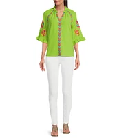 Calessa Embroidered Ruffle Split V-Neck 3/4 Sleeve Tunic
