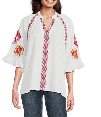 Calessa Embroidered Ruffle Split V-Neck Elbow Sleeve Tunic