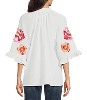 Calessa Embroidered Ruffle Split V-Neck Elbow Sleeve Tunic