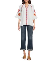Calessa Embroidered Ruffle Split V-Neck Elbow Sleeve Tunic
