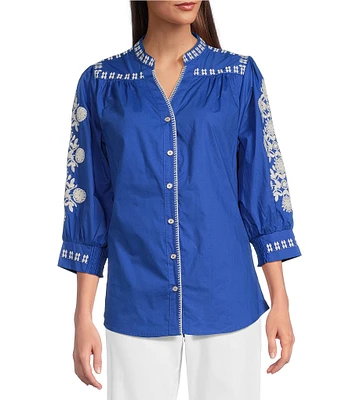 Calessa Embroidered Split-Neck 3/4 Sleeve Button Front Tunic