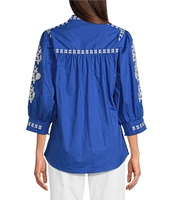 Calessa Embroidered Split-Neck 3/4 Sleeve Button Front Tunic