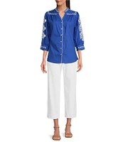 Calessa Embroidered Split-Neck 3/4 Sleeve Button Front Tunic