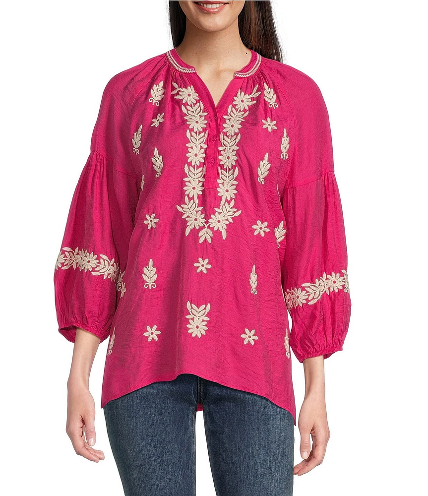Calessa Embroidered Split Neck Bracelet Length Sleeve Tunic