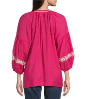 Calessa Embroidered Split Neck Bracelet Length Sleeve Tunic