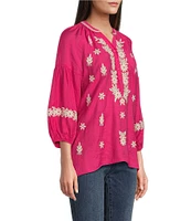 Calessa Embroidered Split Neck Bracelet Length Sleeve Tunic