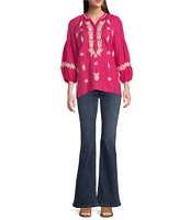 Calessa Embroidered Split Neck Bracelet Length Sleeve Tunic