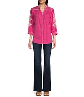 Calessa Embroidered Split V-Neck 3/4 Sleeve Button Front Shirt