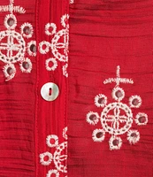 Calessa Embroidered Split V-Neck 3/4 Sleeves Button Front Tunic