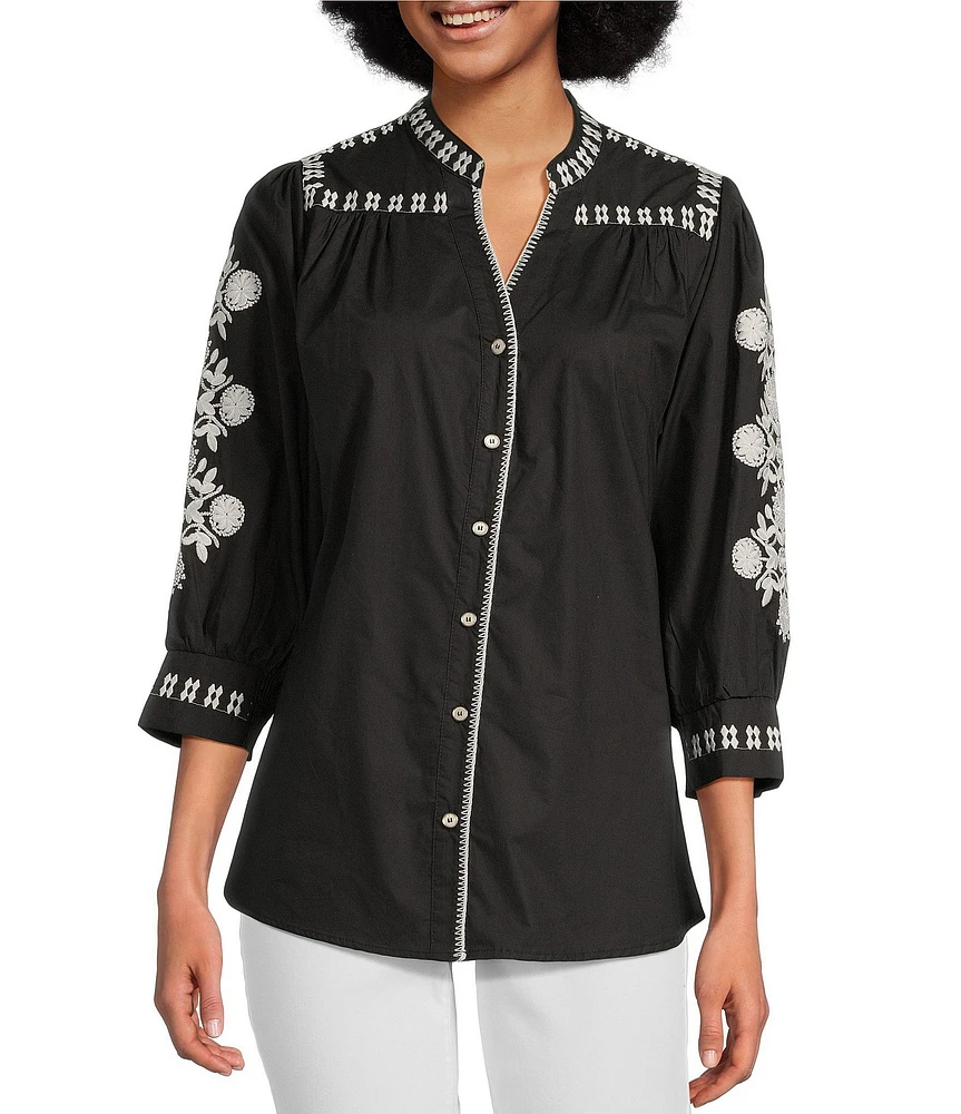 Calessa Embroidered Split V-Neck 3/4 Sleeve Button-Front Tunic