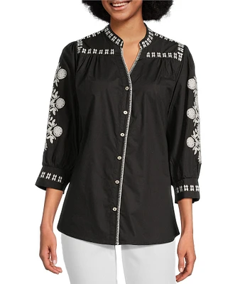 Calessa Embroidered Split V-Neck 3/4 Sleeve Button-Front Tunic