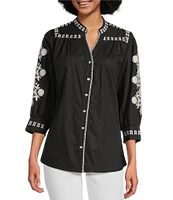 Calessa Embroidered Split V-Neck 3/4 Sleeve Button-Front Tunic