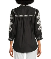 Calessa Embroidered Split V-Neck 3/4 Sleeve Button-Front Tunic