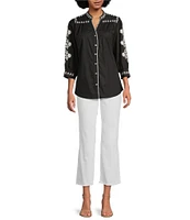 Calessa Embroidered Split V-Neck 3/4 Sleeve Button-Front Tunic