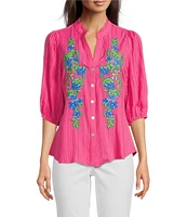 Calessa Embroidered Split V-Neck 3/4 Sleeve Shirttail Hem Button-Front Tunic