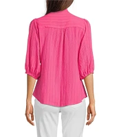 Calessa Embroidered Split V-Neck 3/4 Sleeve Shirttail Hem Button-Front Tunic