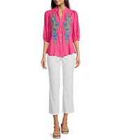 Calessa Embroidered Split V-Neck 3/4 Sleeve Shirttail Hem Button-Front Tunic