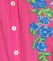 Calessa Embroidered Split V-Neck 3/4 Sleeve Shirttail Hem Button-Front Tunic