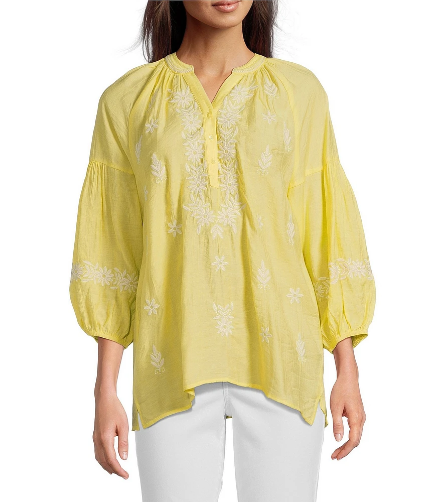 Calessa Textured Embroidered Split V-Neck 3/4 Sleeve Tunic