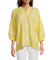 Calessa Textured Embroidered Split V-Neck 3/4 Sleeve Tunic